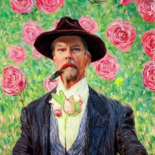 Prompt: an impressionist painting of a tall older man standing in a field of roses with blue eyes that is wearing a wide brim hat and a leather vest with a blue shirt. He is holding a revolver in his left hand and a rose is in his right hand.