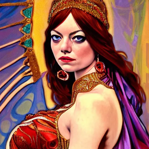 Prompt: a photorealistic portrait of actress emma stone dressed as a belly dancer, arabian night, high quality, fully detailed, 4 k, in focus sharp face with fine details, realistic hands and anatomical composition, inspired by belly dancer on youtube, alphonse mucha, masterpiece, stunning