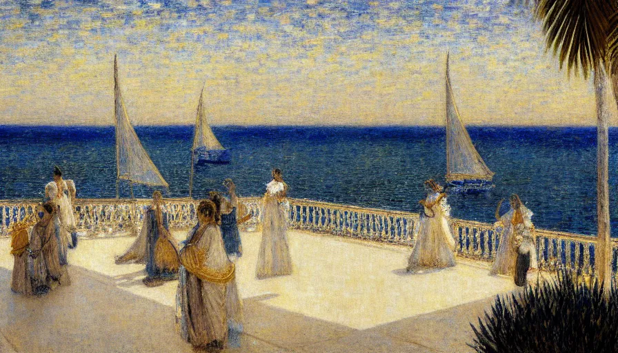 Image similar to a ultradetailed beautiful painting of the night sky of the amazonas golden white palace balustrade designed by jules bastien - lepage, tarsila do amaral, frank weston and gustave baumann, beach, trending on artstation, mediterranean, palm trees, sharp focus, sail boats, soft light, 8 k 4 k