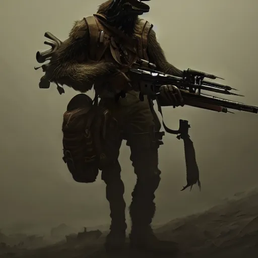 Image similar to demonic hunter with rifle, a wolve skull on his bag, by greg rutkowski, sharp focus, highly detailed, octane render, 4 k