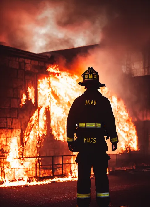 Image similar to a 3 5 mm photo from the back of a firefighter standing in front of a burning building, bokeh, canon 5 0 mm, cinematic lighting, film, photography, depth of field, award - winning