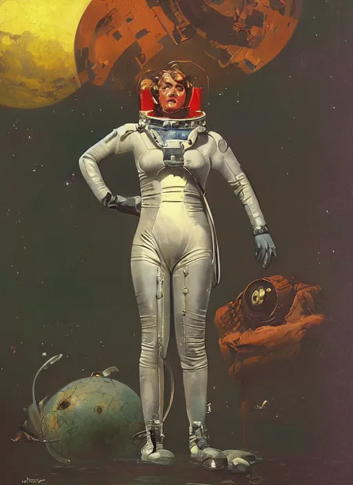 Image similar to elegant lady wearing a latex spacesuit standing on venus, by norman rockwell, jack kirby, jon berkey, earle bergey, craig mullins, ruan jia, jeremy mann, tom lovell, marvel, astounding stories, 5 0 s pulp illustration, scifi, fantasy