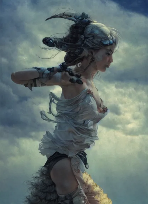 Image similar to symmetry!! closeup! of a pirate girl, cyborg ballerina, in clouds, cinematic light, windy, sunrise, by gerald brom, by mikhail vrubel, by peter elson, muted colors, extreme detail, trending on artstation, 8 k