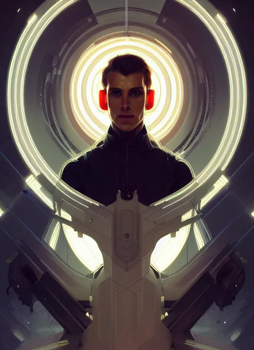 Image similar to symmetry!! portrait of male engineer, tech wear, scifi, glowing lights!! intricate elegant, highly detailed, digital painting, artstation, concept art, smooth, sharp focus, illustration, art by artgerm and greg rutkowski and alphonse mucha