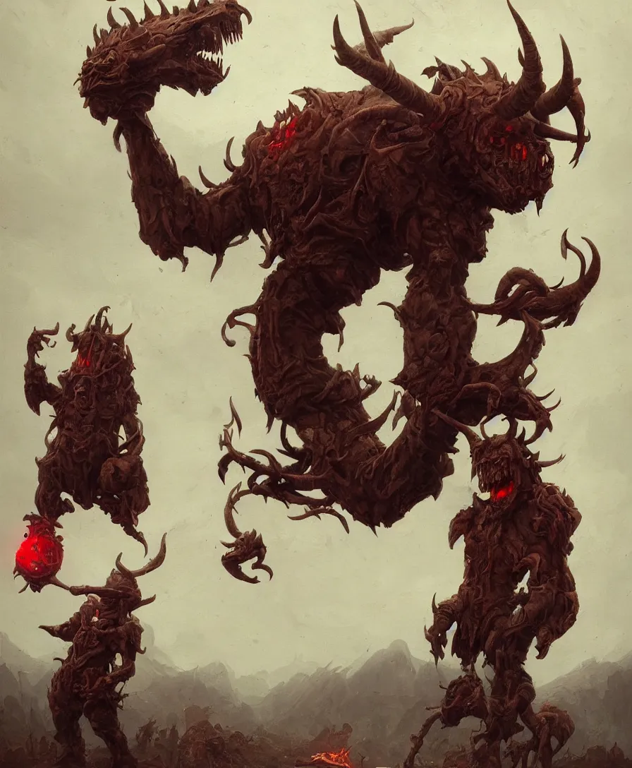 Image similar to giant devil holding a skull on hand, illustrated by Simon Stålenhag and Gaston Bussiere, ultra detailed, photorealistic, trending on artstation