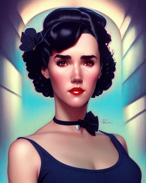 Image similar to a pin up and beautiful fashion charming dreamlke jennifer connelly, symmetrical face, symmetrical eyes, character art, art by artgerm lau and wlop and and ilya kuvshinov and john singer sargent, joshua middleton comic art