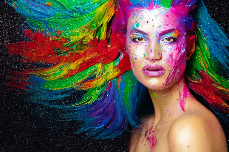 Image similar to a highly detailed cinematic headshot portrait photograph of a woman with a liquid paint headdress, with rainbow paint splash, melting smoothly into other faces, liquid, ultra realistic, beautiful rim lighting, by richard avedon and annie leibovitz and arnold newman, photorealistic, hyperrealistic, octane, high speed camera, zeiss lens, sharp focus, paint splash