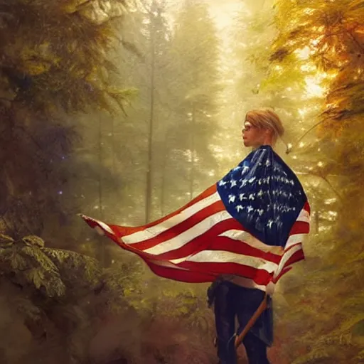 Prompt: tiny american flag in the forest, digital art by ruan jia and mandy jurgens and artgerm, realistic face, highly detailed, trending on artstation, award winning