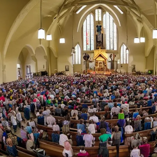 Prompt: large church congregation in service with a robot on a huge screen