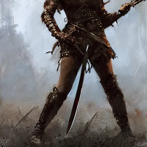 Image similar to a warrior woman with a stunning sword, dead zombie on ground, by craig mullins _ w 7 0 0