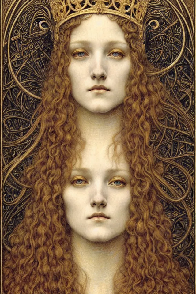 Image similar to detailed realistic beautiful young medieval queen face portrait by jean delville, gustave dore and marco mazzoni, art nouveau, symbolist, visionary, gothic, pre - raphaelite. horizontal symmetry