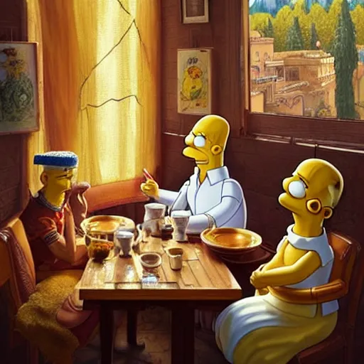 Image similar to Homer Simpson drinking tea in a Kurdish tea house, intricate, elegant, highly detailed, digital painting, artstation, concept art, matte, sharp focus, illustration, art by Artgerm and Greg Rutkowski and Enki Bilal