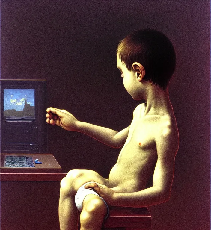 Image similar to boy looking at the PC computer from 90s by Laurie Lipton, grainy film kodak by beksinski carl spitzweg moebius and tuomas korpi. baroque elements. baroque element. intricate artwork by caravaggio. Oil painting. Trending on artstation. 8k