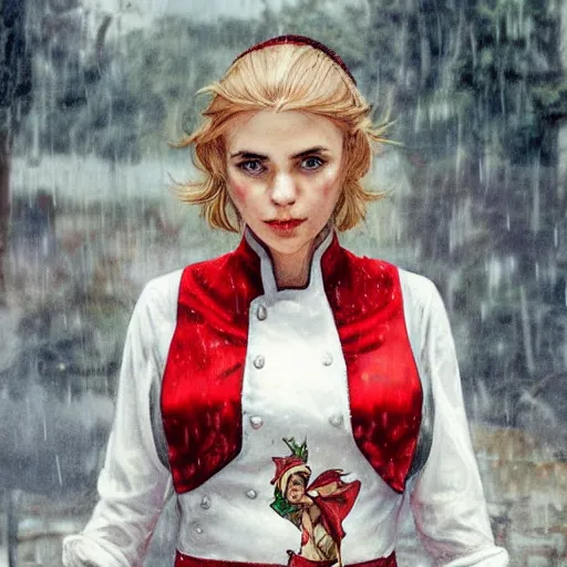 Image similar to elf woman standing in rain, short blonde hair, red and white chef's apron, sharp focus, intricate, smooth, ultra realistic digital art, d & d, high fantasy, pointed ears, elegant, by artgerm, greg rutkowski, raymond swanland, alphonse mucha