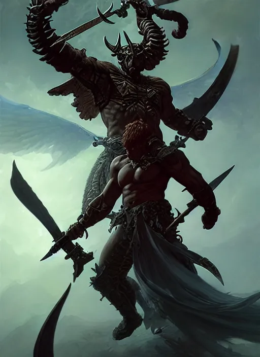 Image similar to a male horned demon fighter with a huge sword and wings, dim light, front game card, marvel comics, dark, intricate, highly detailed, smooth, artstation, digital illustration by ruan jia and mandy jurgens and artgerm and wayne barlowe and greg rutkowski and zdislav beksinski