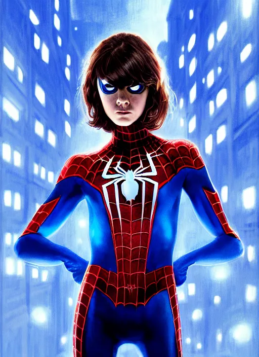 Image similar to portrait of mayday parker spider - girl, brown hair, blue eyes, spider - man costume, intricate, elegant, glowing lights, highly detailed, digital painting, artstation, concept art, smooth, sharp focus, illustration, art by wlop, mars ravelo and greg rutkowski