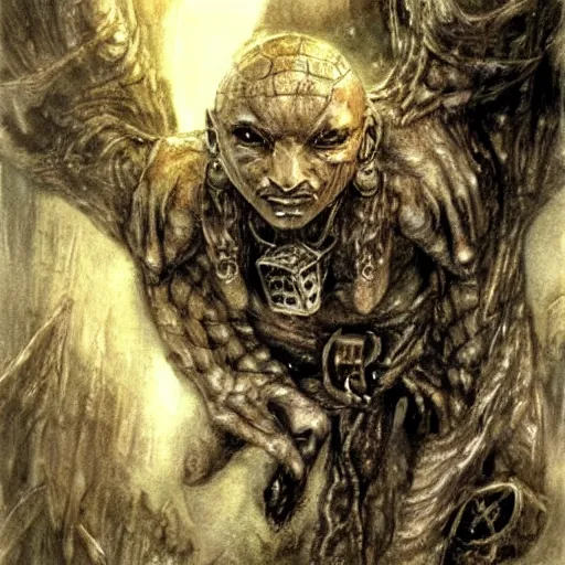 Prompt: Golem with a 12 sided dice as head. Dark Fantasy, concept art, art by Luis Royo