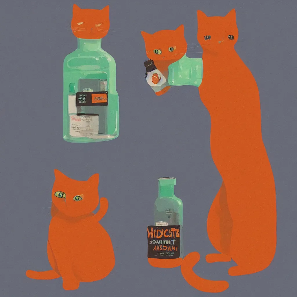 Image similar to a cat standing next to a bottle of medicine. orange cat. animal. digital art. artstation. illustration.