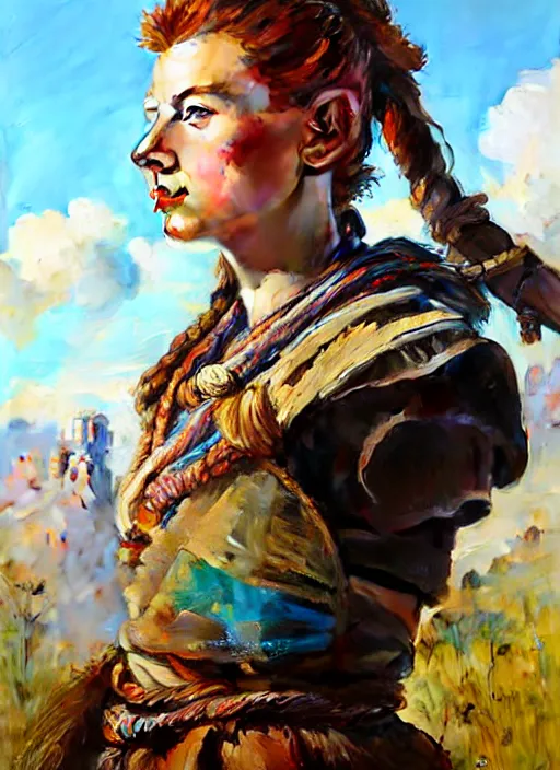 Image similar to portrait of a eastern european Aloy from Horizon Zero Dawn in the style of Apex Legends practicing, countryside, calm, fantasy character portrait, dynamic pose, above view, sunny day, clouds in the sky, artwork by Jeremy Lipkin and Giuseppe Dangelico Pino and Michael Garmash and Rob Rey and Greg Manchess, very coherent asymmetrical artwork, sharp edges, perfect face, simple form, 100mm