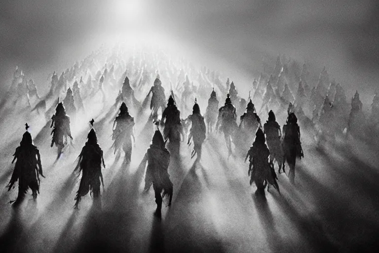 Prompt: analog photo of an army of light warriors descending from heaven, cinematic light, epic fantasy