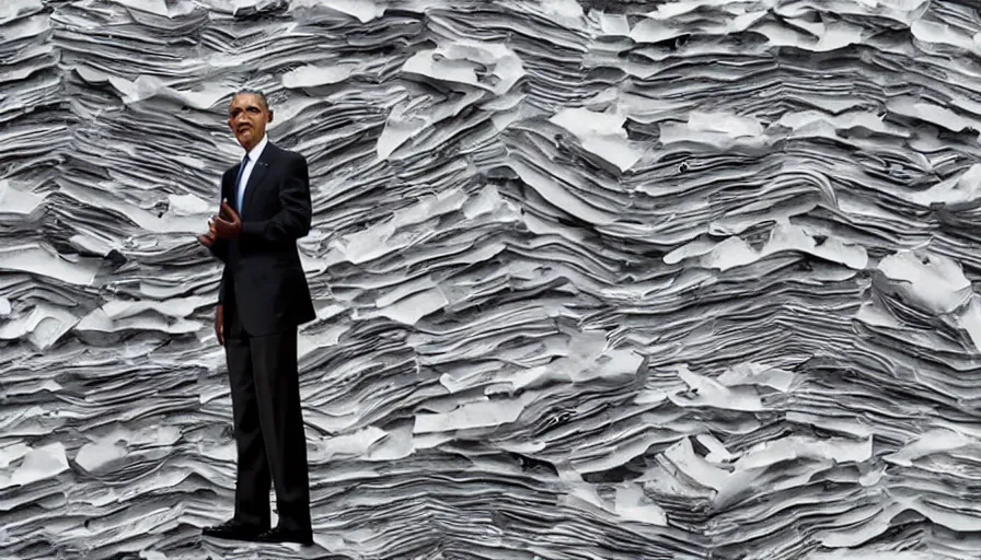 Image similar to cnn news footage taken from above. obama standing next to a mountain made of papers.