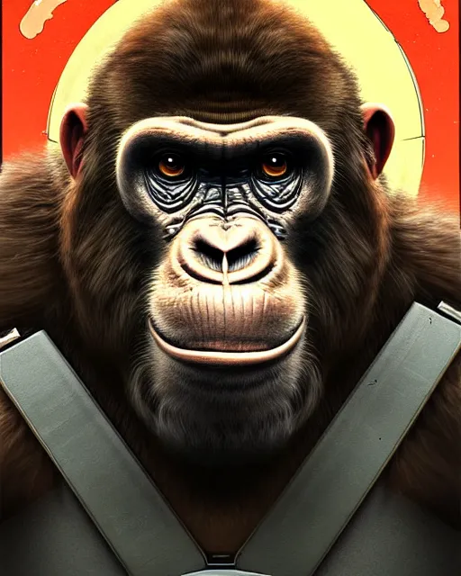 Image similar to winston the ape from overwatch, character portrait, portrait, close up, concept art, intricate details, highly detailed, vintage sci - fi poster, retro future, in the style of chris foss, rodger dean, moebius, michael whelan, and gustave dore