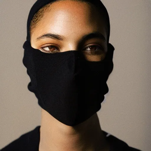 Image similar to realistic photoshooting for a new balenciaga lookbook, color film photography, portrait of a beautiful woman, model is wearing a balaclava mask, in style of tyler mitchell, 3 5 mm,