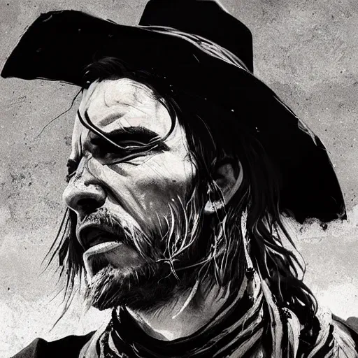 Image similar to portrait of a priest of the wild west, black paint on face, drawn by ruan jia, fantasy art, red dead redemption, django, town background, weird west, deadlands, dramatic lighting, digital art, 8 k, extremely detailed