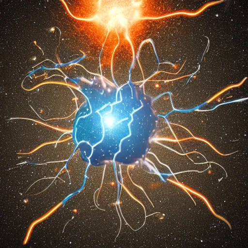 Image similar to army of interconnected neurons made of steel in space with hubble background, amazing, fire, splash, vray, 5 5 mm