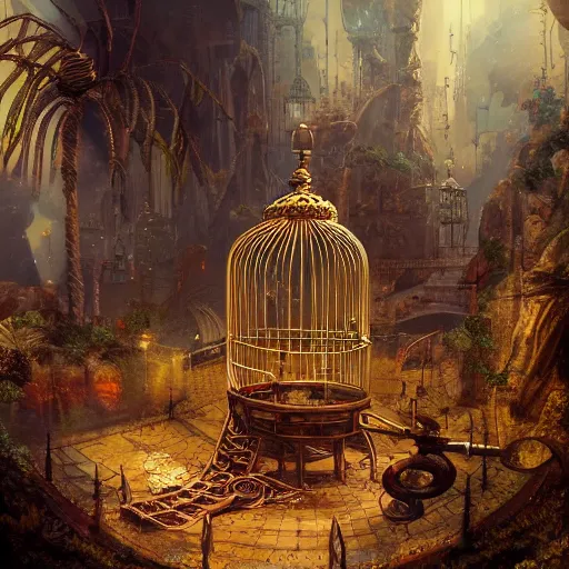 Image similar to intricate cage with bird of paradise steampunk, matte painting, cinematic, epic composition, detailed, atmospheric, wide angle, artstation trending