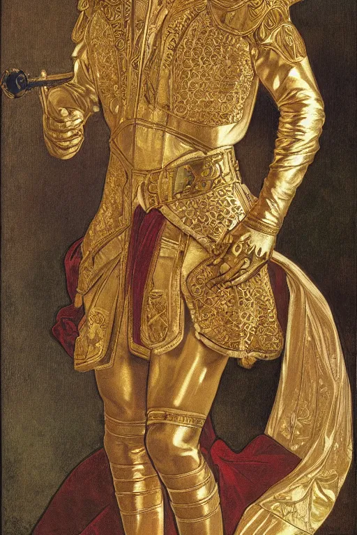 Prompt: Full-body portrait of Ryan Gosling as a king in golden armor, front view, baroque, in the style of alphonse mucha