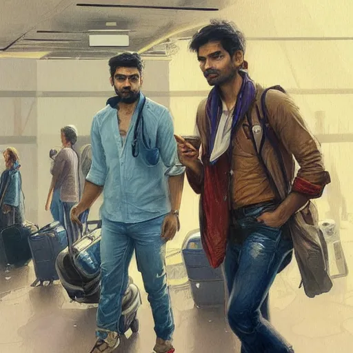 Image similar to Anxious good looking pale young Indian doctors wearing jeans and shirts at the airport, portrait, elegant, intricate, digital painting, artstation, concept art, smooth, sharp focus, illustration, art by artgerm and greg rutkowski and alphonse mucha