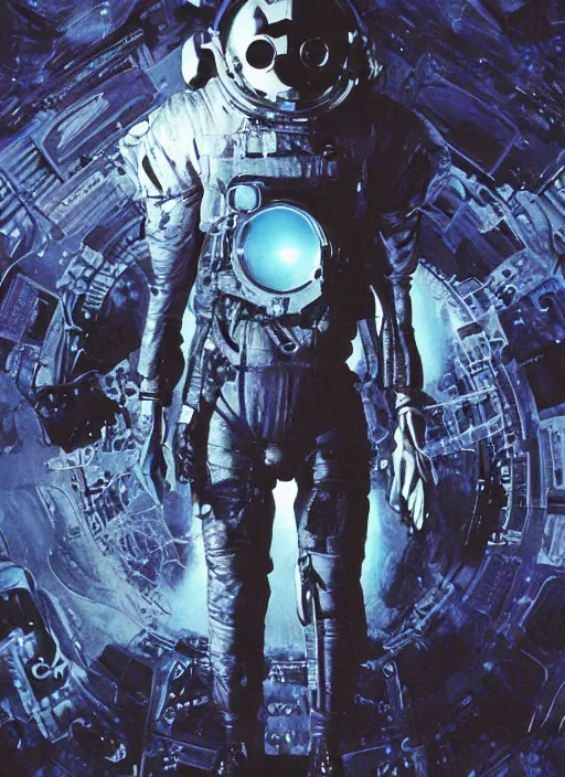 Image similar to astronaut in dark void underwater - complex and hyperdetailed technical suit design. reflection and dispersion materials. rays and dispersion of light. volumetric light. f / 3 2. noise film photo. flash photography. ultra realistic, 5 0 mm. poster by wayne barlowe, hajime sorayama aaron horkey, craig mullins