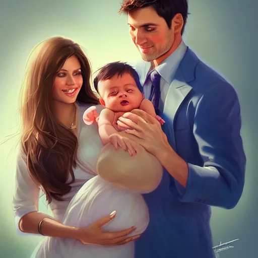 Prompt: a happy husband and his brunette wife standing together, she is holding their newborn baby girl, beautifully lit, detailed, by artgerm, mumford and rutkowski, featured on artstation cgsociety