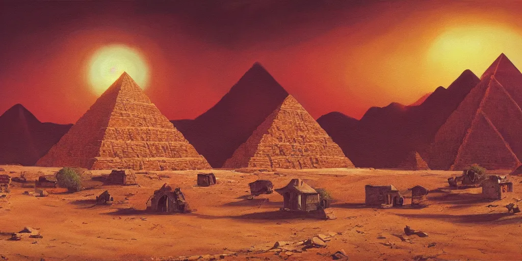 Image similar to an oil painting of a small city in the desert ::Pyramid inside the city surrounded by huts and walls that surround the city and a dark red sun, fantasy,hyper realistic, atmospheric lighting, cinematic, 8k,