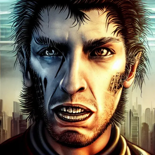 Image similar to cyberpunk, closeup portrait of a shaggy cyberpunk junkie in his 2 0 s, eye bags, three day stubble, ex junkie, dramatic light, city background, sunset, dystopian setting, high contrast, sharp, neuromancer, henry dorsett case, painted by stanley lau, painted by greg rutkowski, painted by stanley artgerm, digital art, trending on artstation