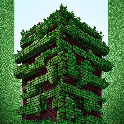 Prompt: cubic building made of bricks, overgrown with vegetation, one-point perspective, 4k, 8k