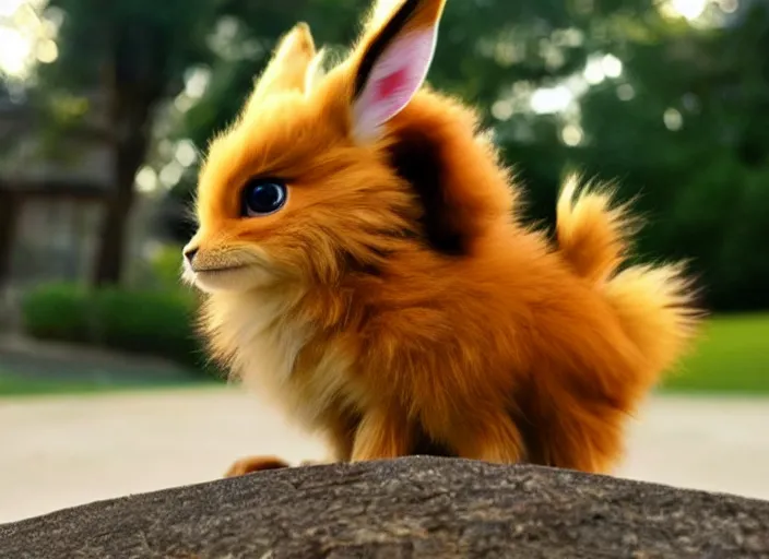 Prompt: real life pokemon eevee, adorable, fluffly, ultra realistic, golden hour, sharp focus