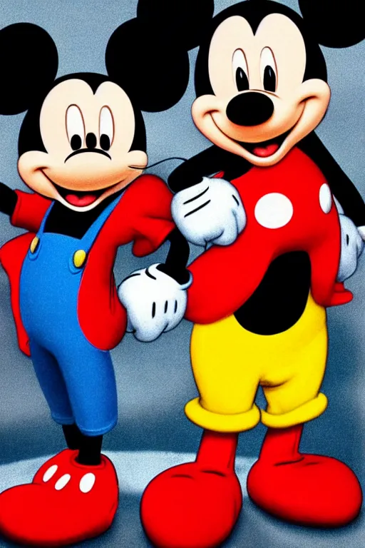 Image similar to Mickey Mouse and Mario from super Mario holding each other‘s hand
