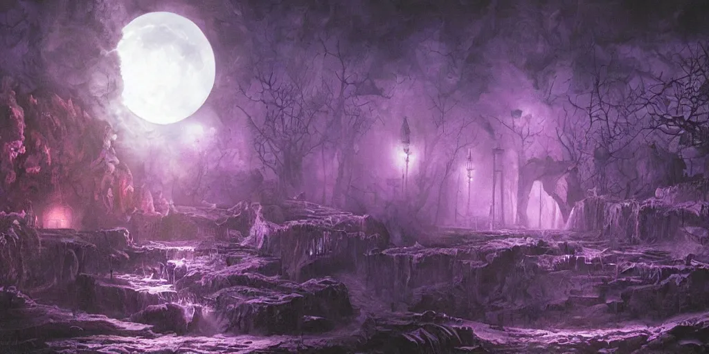 Image similar to hyper detailed beautiful painting of the gates to hell, midnight, moon light, volumetric lighting, dark, purple light, scary, sad, back lit