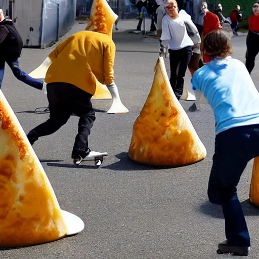 Prompt: people skating on melted cheese