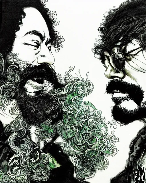 Prompt: portrait of cheech and chong, concept art, sumi - e style, intricate linework, green smoke, artstation, trending, highly detailed, smooth, focus, art by yoji shinkawa,