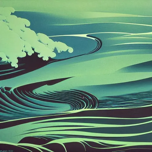 Image similar to a perspective view of waves crashing on the shore, by eyvind earle