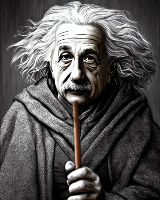 Image similar to Albert Einstein as Gandalf, Lord of the Rings, elegant robe, portrait art, wooden glowing staff, dark fantasy forest, fine details, perfect, 8k high detail, masterpiece, trending on ArtStation