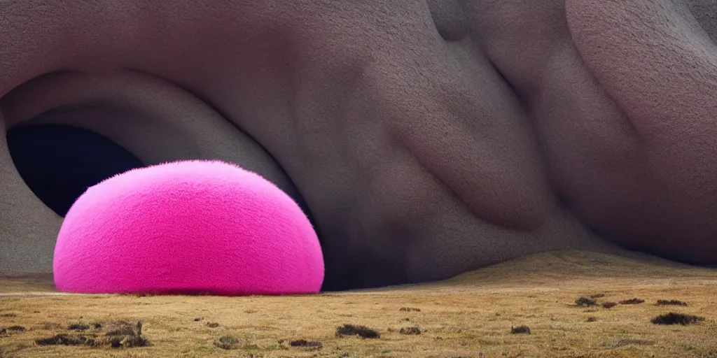 Image similar to a strange huge translucent pvc inflated organic architecture building with pink fluffy fur inside by anish kapoor sits in the rock mountains, film still from the movie directed by denis villeneuve with art direction by zdzisław beksinski, close up, telephoto lens, shallow depth of field