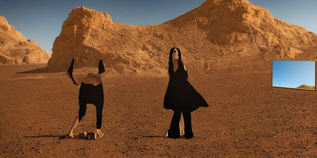 Prompt: levitating woman with full - face golden mask in a dry rocky fractal desert landscape, visible sky and sunny atmosphere, fata morgana and giant square infinite mirrors by alejandro jodorowsky, anamorphic lens, kodakchrome, practical effects, masterpiece, 8 k