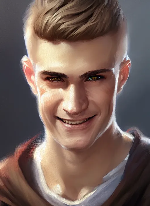 Image similar to a _ fantasy _ style _ portrait _ painting _ of white male short fringe light brown hair short face grinning clean shaven short head, rpg dnd oil _ painting _ unreal _ 5 _ daz. _ rpg _ portrait _ extremely _ detailed _ artgerm _ greg _ rutkowski _ greg