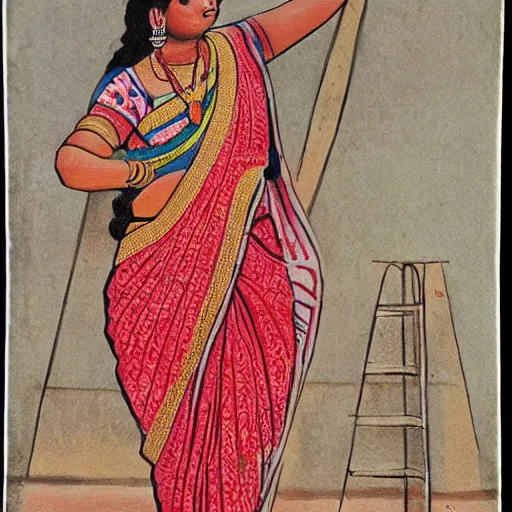 Image similar to realistic painting of a women from maharashtra in saree from 2 0 th century making chapati