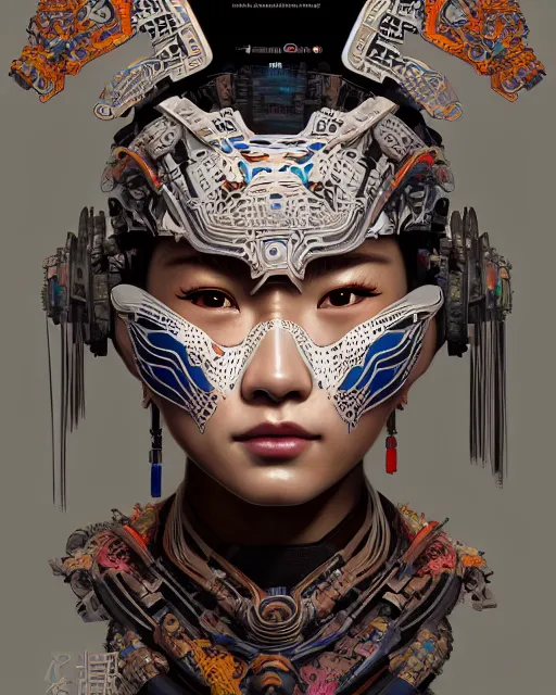 Image similar to portrait of a machine from horizon zero dawn, machine face, upper body, decorated with chinese opera motifs, asian, traditional chinese art, intricate, elegant, highly detailed, digital painting, artstation, concept art, smooth, sharp focus, illustration, art by artgerm and greg rutkowski and alphonse mucha, 8 k