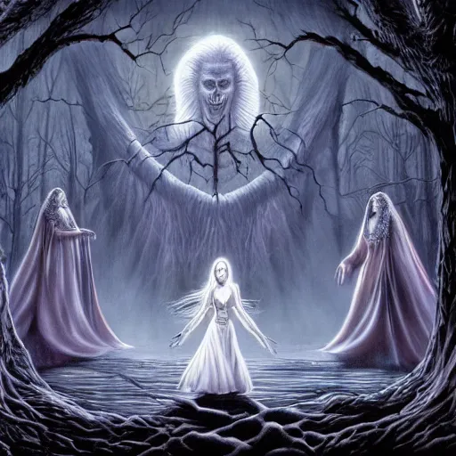 Image similar to the legend of boggey creek meets dracula and the curse of f la llorona alex grey in yggdrasil, white, night, 4 k, ultrarealistic by john stephens in high resolution another day of life